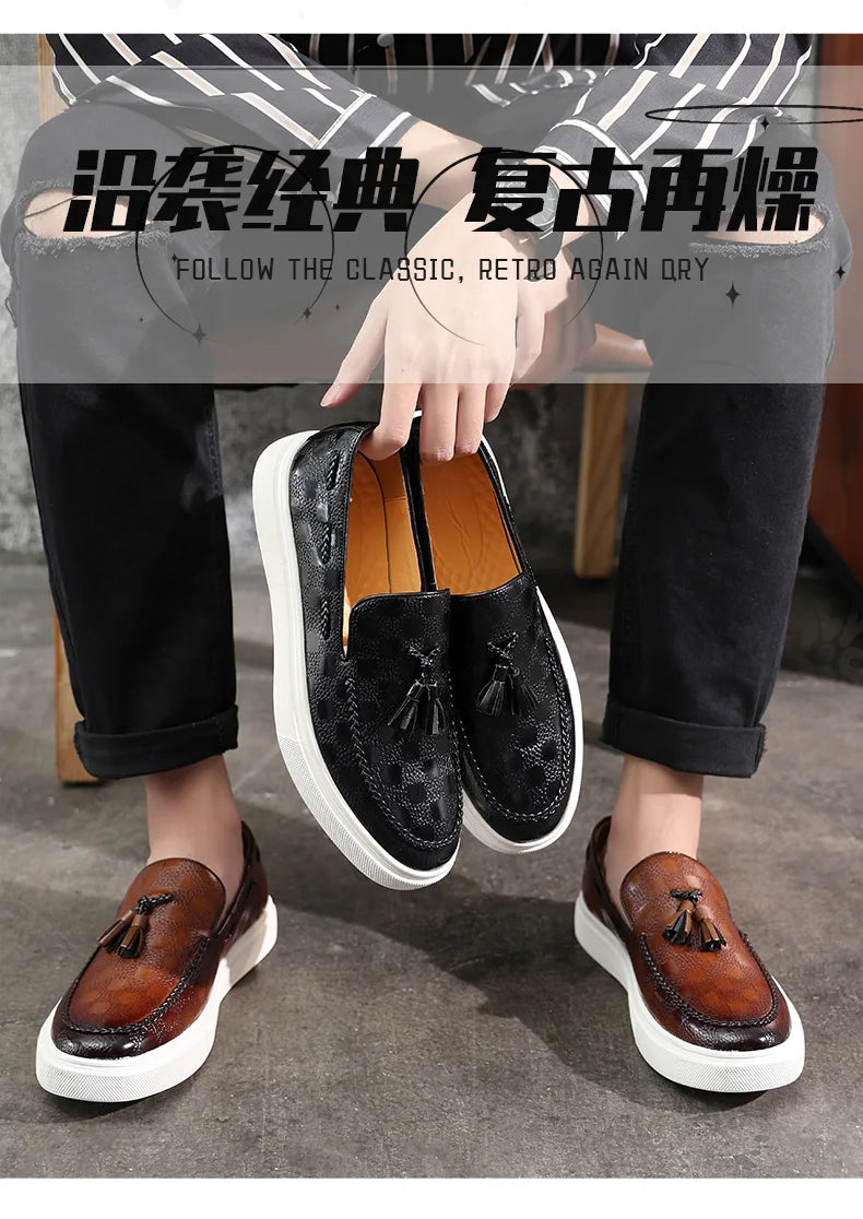 Tassel Mules Slip On Genuine Leather Mules British Style Concise Flat Casual Shoes Men's Shallow Loafers Big Size 38-46