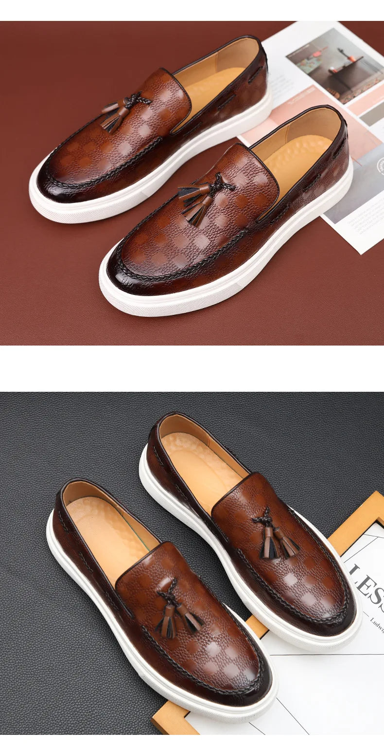 Tassel Mules Slip On Genuine Leather Mules British Style Concise Flat Casual Shoes Men's Shallow Loafers Big Size 38-46