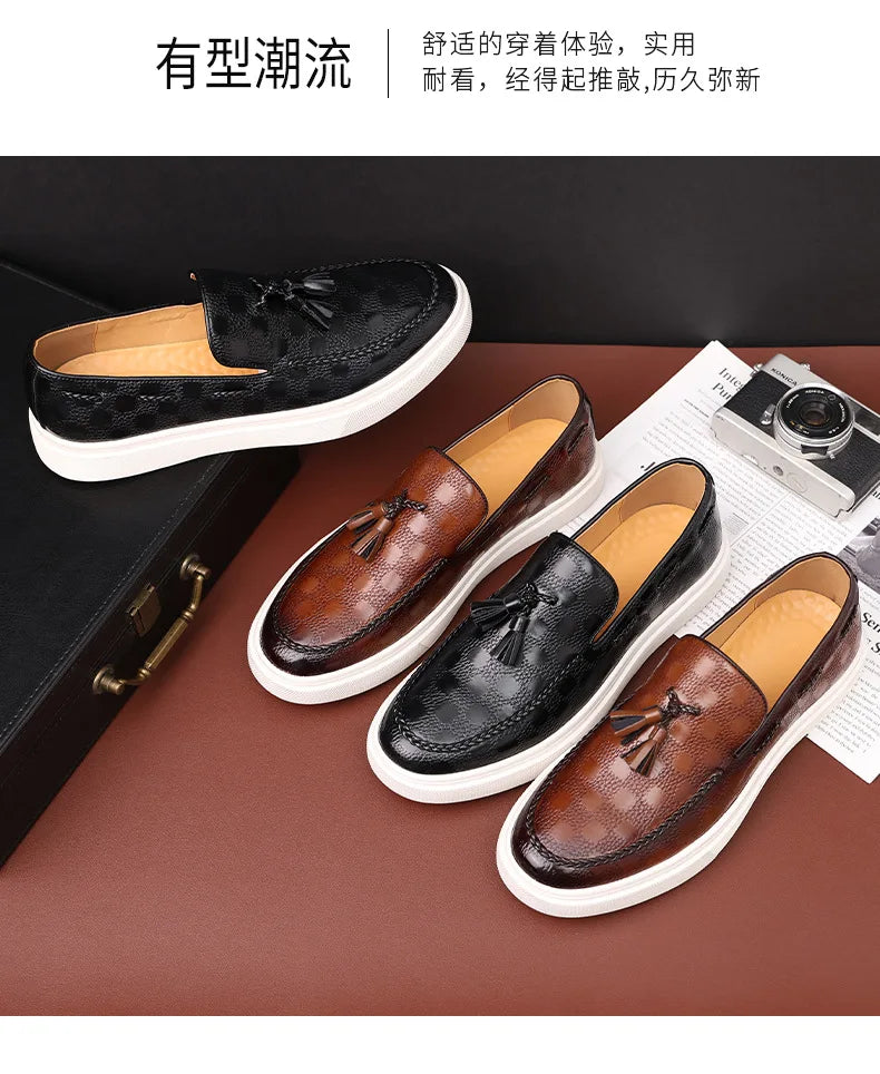 Tassel Mules Slip On Genuine Leather Mules British Style Concise Flat Casual Shoes Men's Shallow Loafers Big Size 38-46