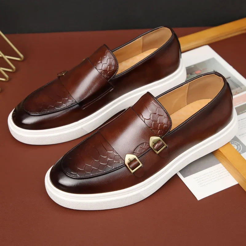 Retro Style Fashion New Men'S Black Brown Flats Monk Strap Leather Shoes Casual Loafers Formal Dress Footwear Shoes Men