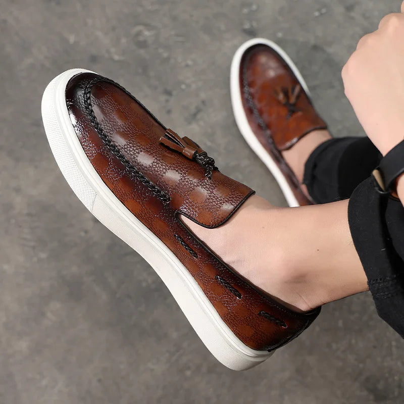 Tassel Mules Slip On Genuine Leather Mules British Style Concise Flat Casual Shoes Men's Shallow Loafers Big Size 38-46